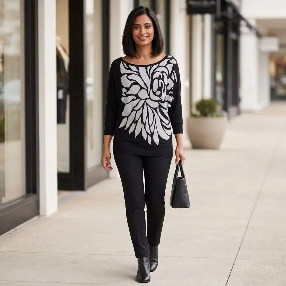 White House Black Market Black Floral Knit Dolman Sleeve Top Women Size S